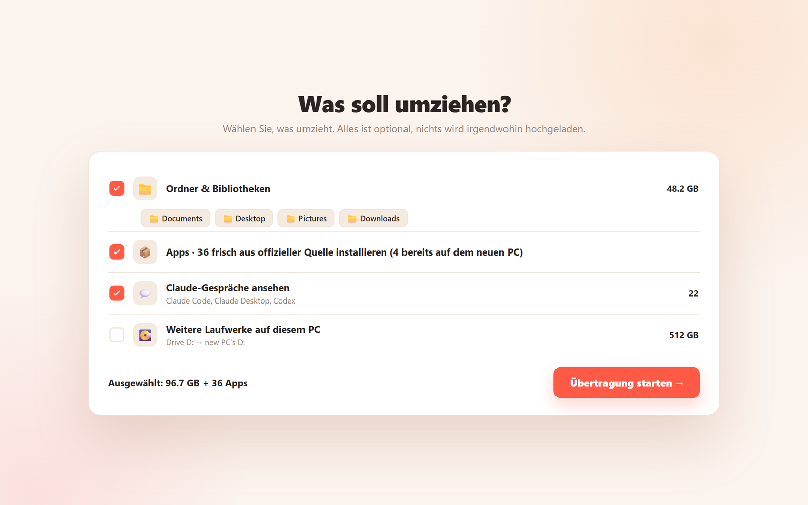 HearthMoves Planungsbildschirm: Ordner und Bibliotheken, 36 Programme, die frisch aus ihrer offiziellen Quelle installiert werden, Claude-Unterhaltungen und ganze Laufwerke angehakt, 96,7 GB ausgewählt