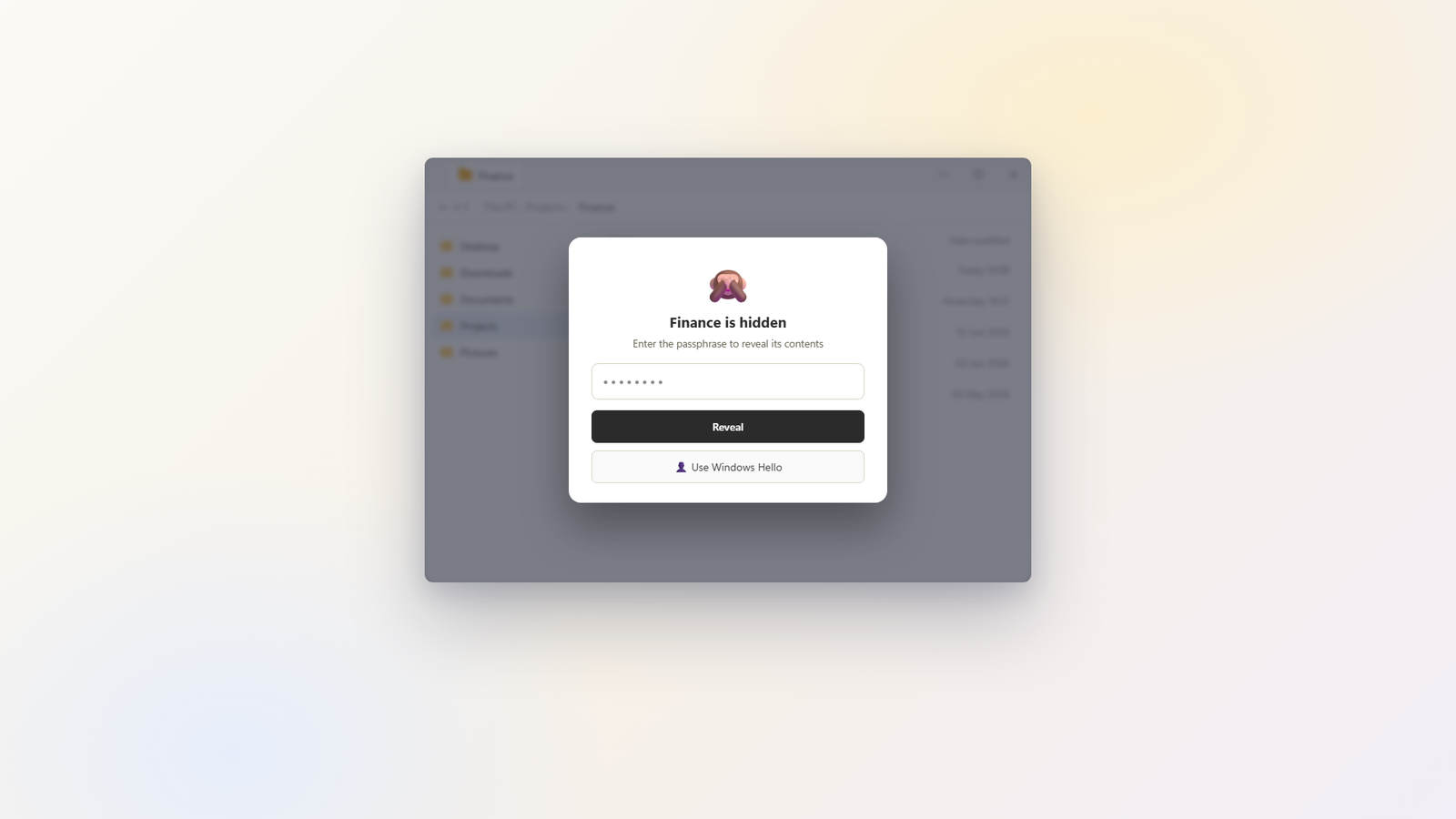 A hidden Finance folder asking for a passphrase or Windows Hello before revealing its contents