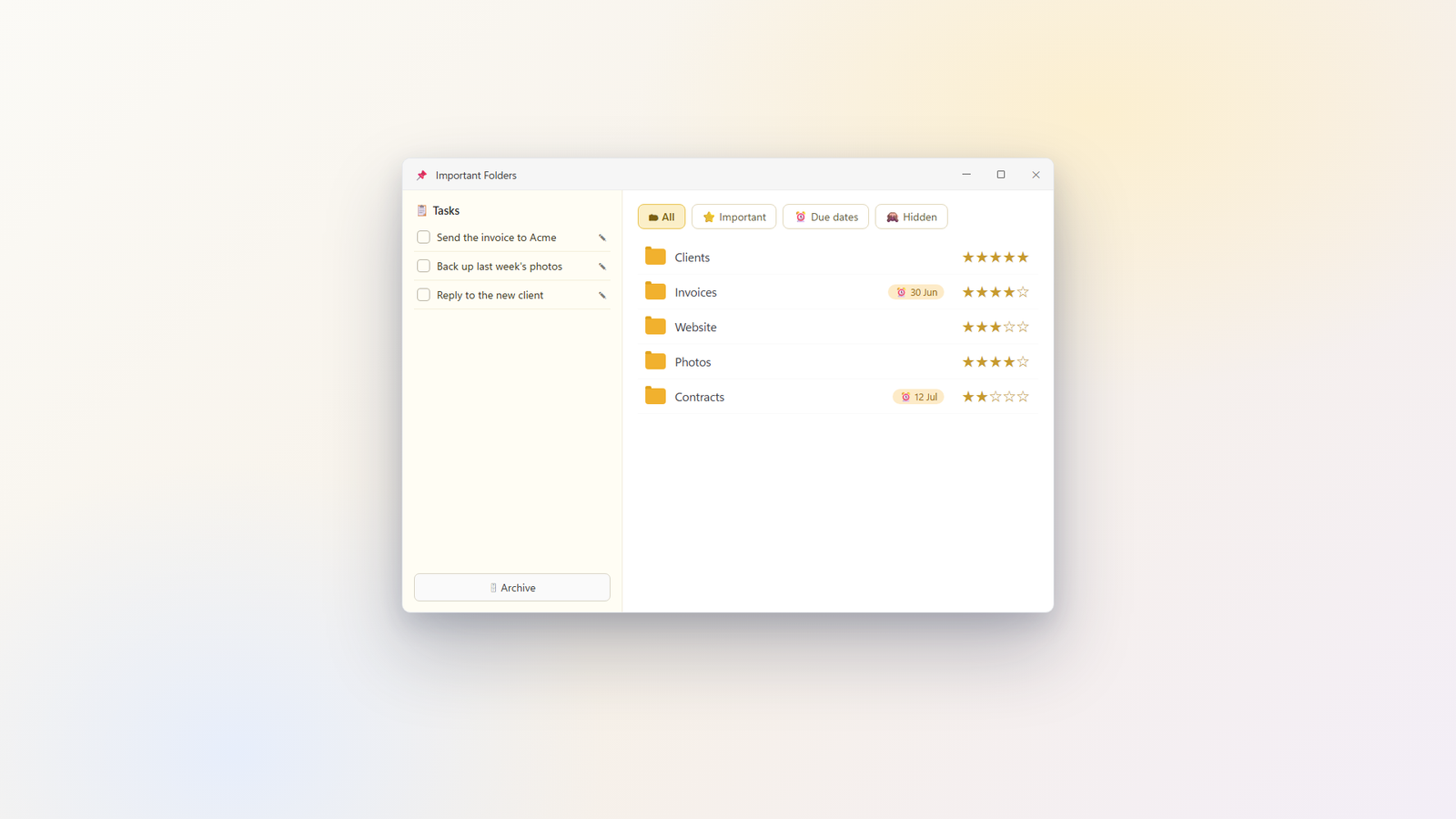 The Important Folders window: tasks on the side, starred folders with ratings and due dates