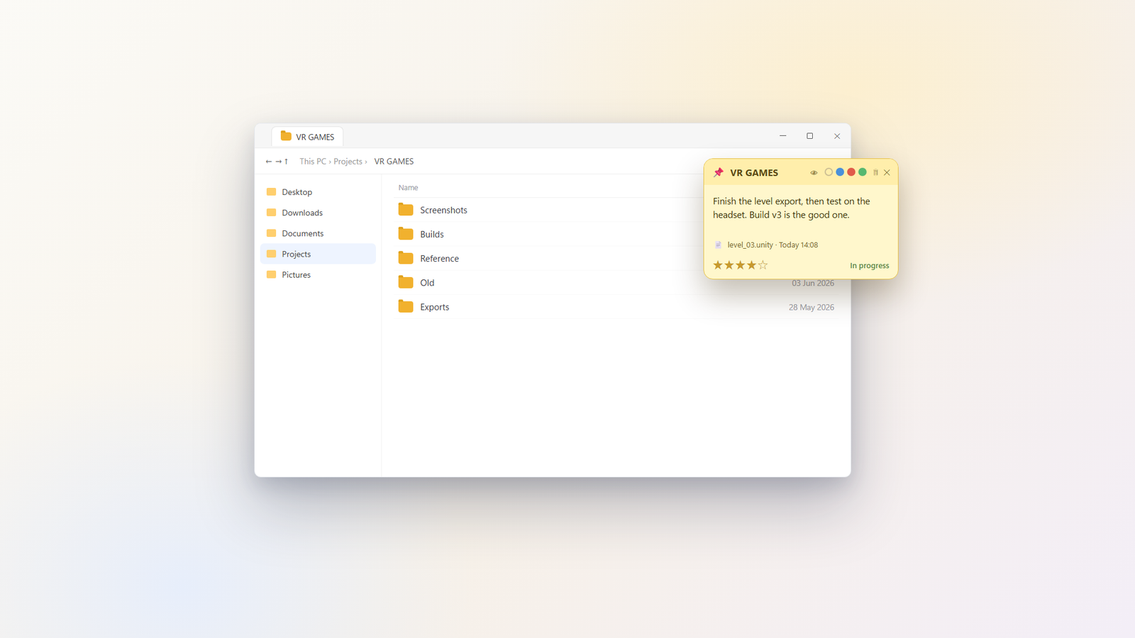 A FolderNotes note pinned to a Windows folder, showing a title, status, a checklist and starred files