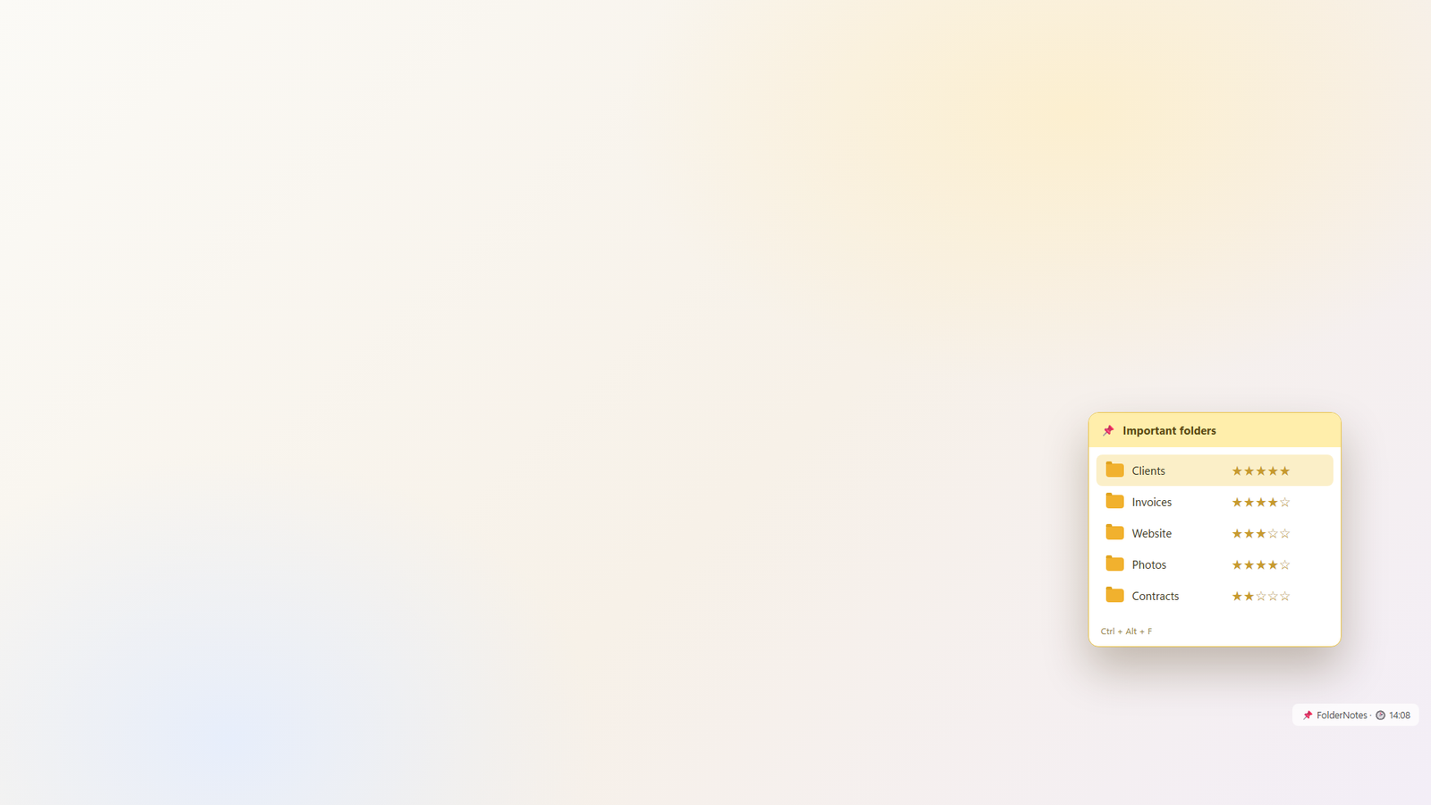 The quick launcher popup listing important folders with star ratings, opened with Ctrl Alt F