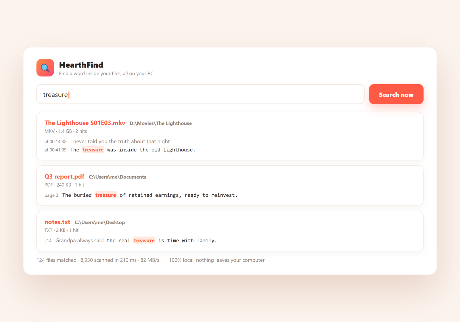 HearthFind search results showing the word 'treasure' found inside a movie's subtitles at a timecode, a PDF on page 3, and a text file, each match highlighted in context