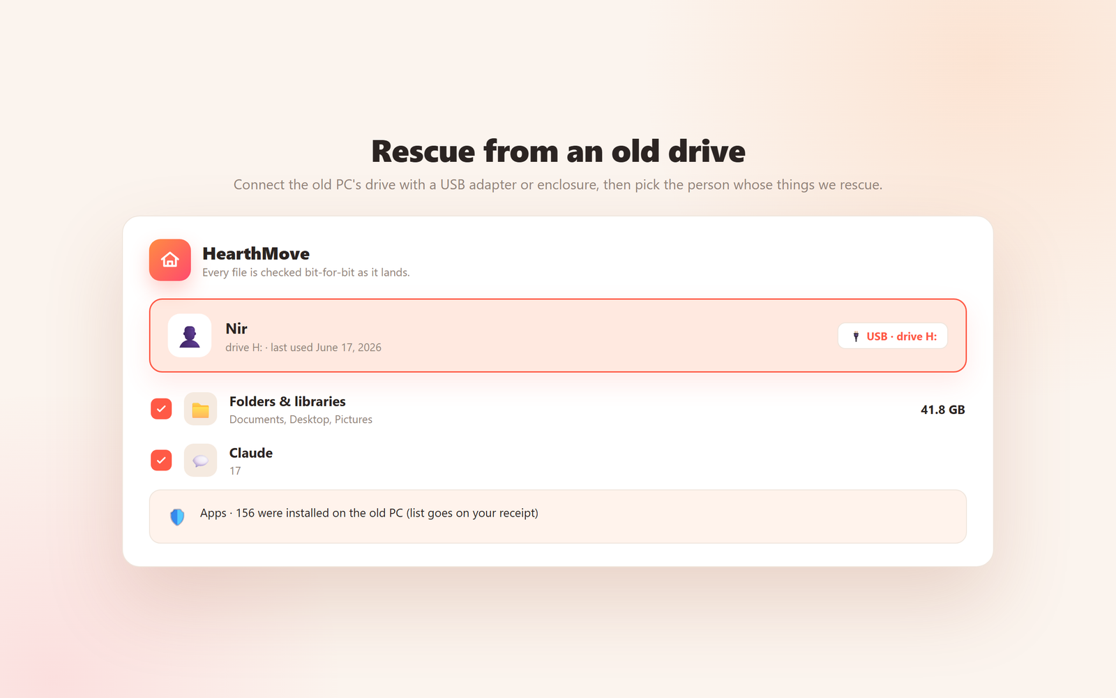 HearthMove rescuing from a dead PC's drive over USB: the old user's profile found on drive H, folders and Claude conversations selected, 156 installed apps read from the old Windows