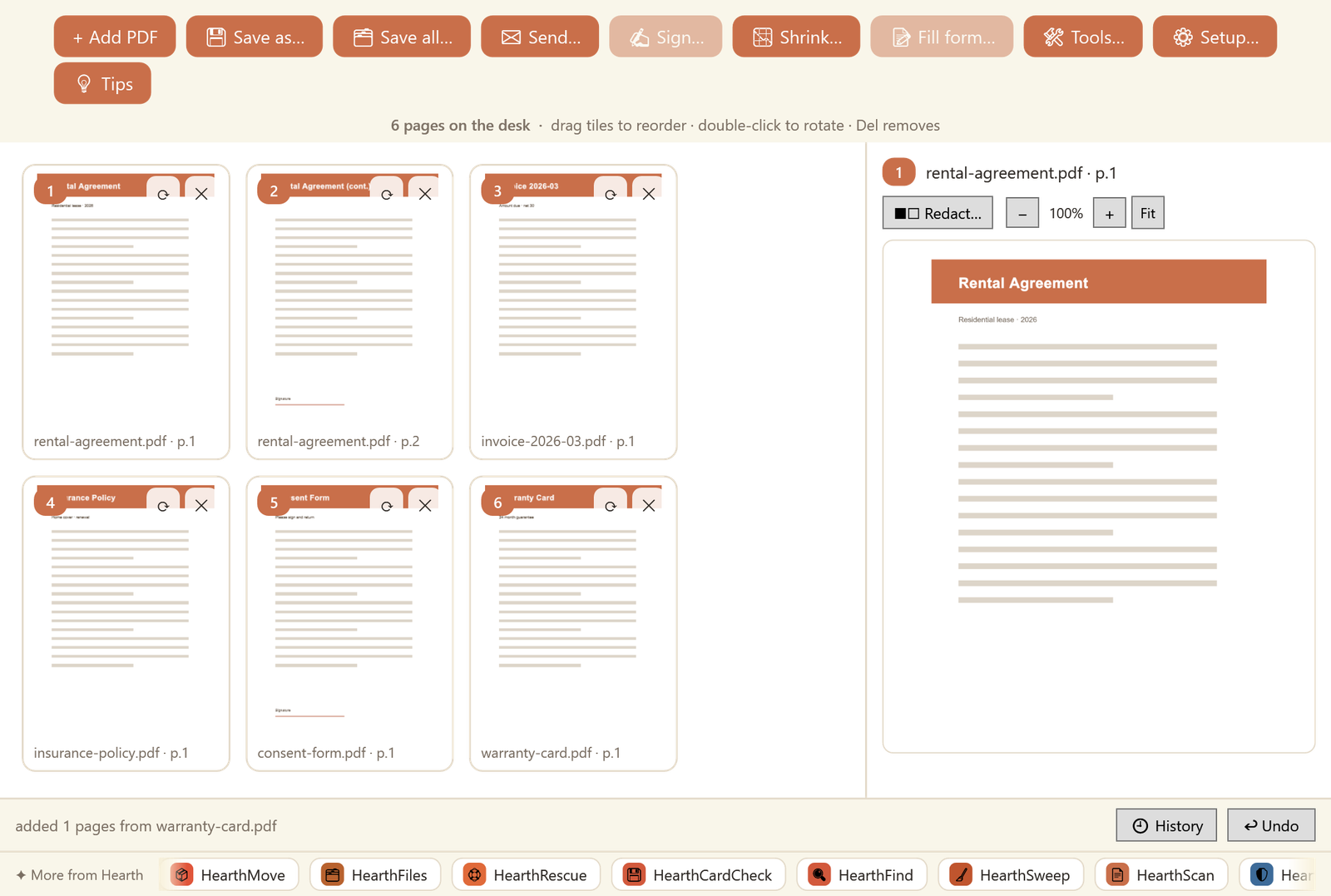 HearthPage main window: PDF pages laid out as tiles on the desk, with the preview pane, and the toolbar for save, send, sign, shrink, fill form and tools