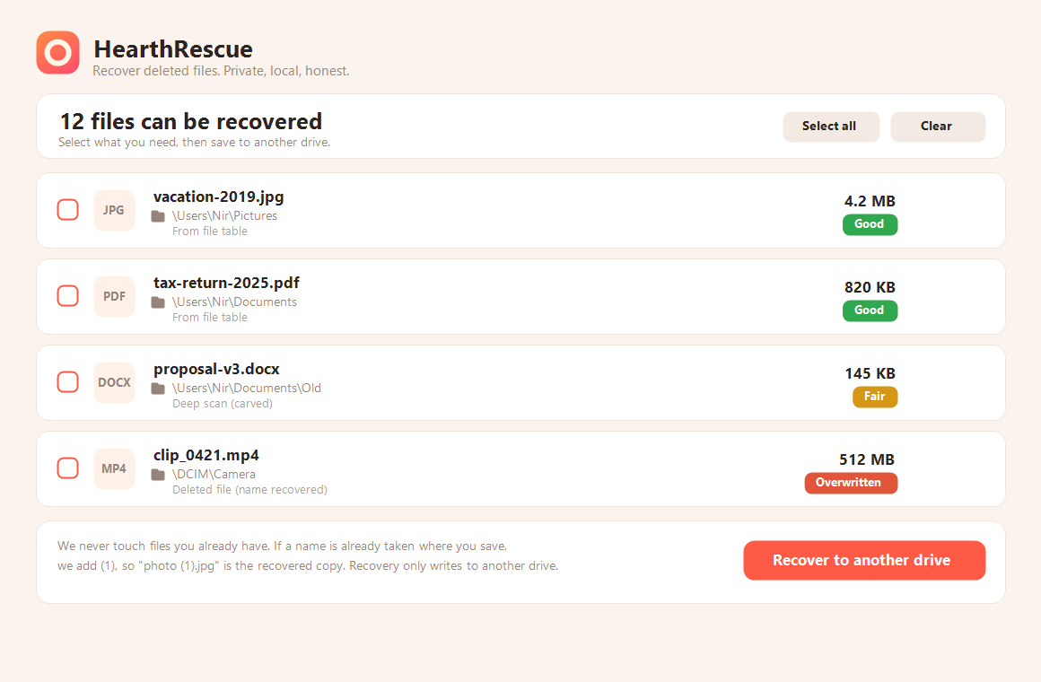HearthRescue results screen listing recoverable files with honesty badges