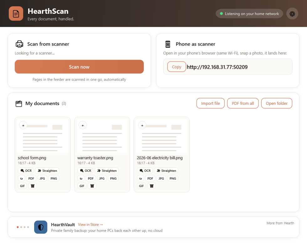 HearthScan main window: scan from scanner, phone as scanner with a local address, and the documents inbox with OCR and straighten actions