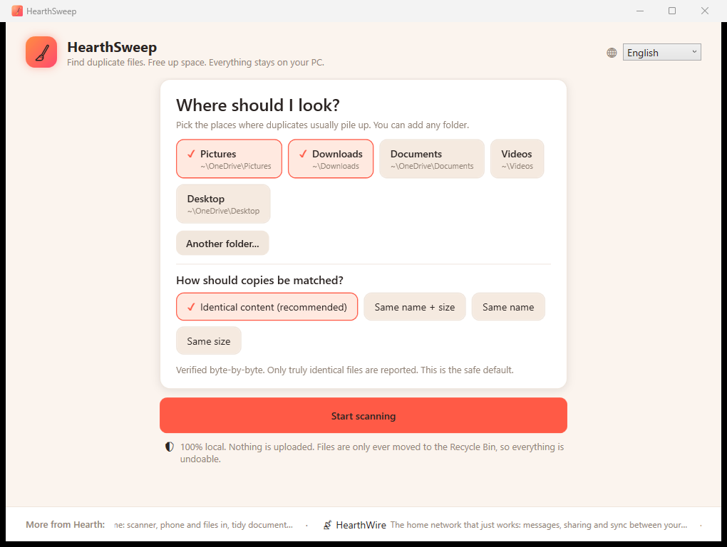 HearthSweep main screen