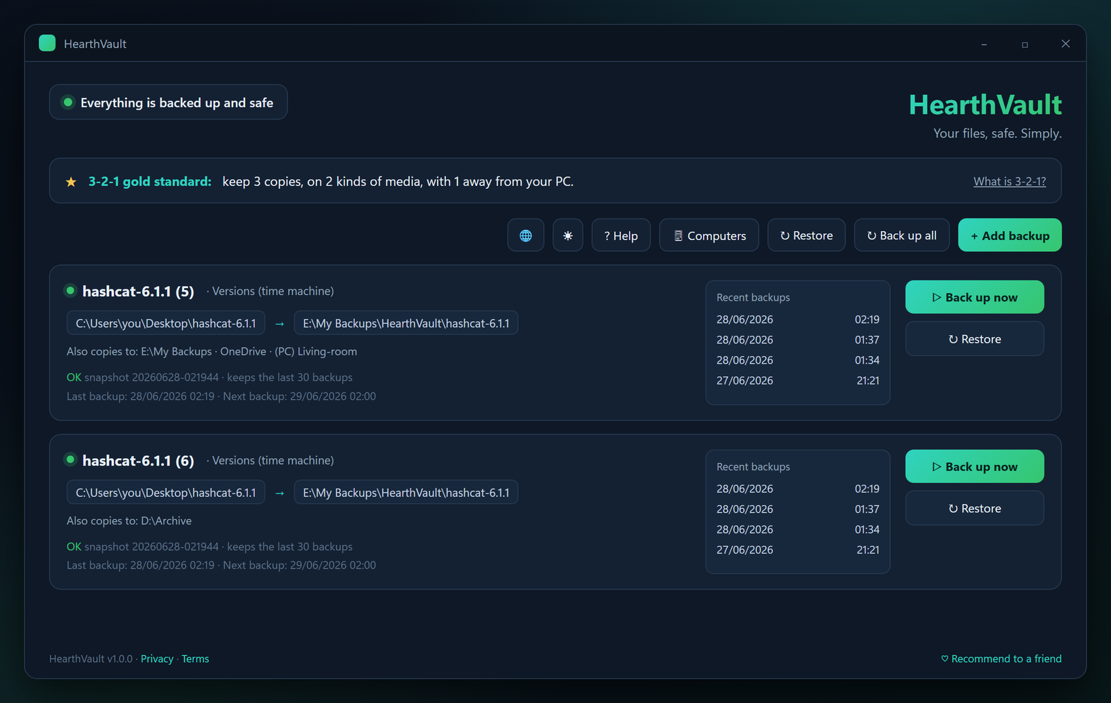 HearthVault dashboard: your folders, where each backup is kept, and a green all-safe indicator