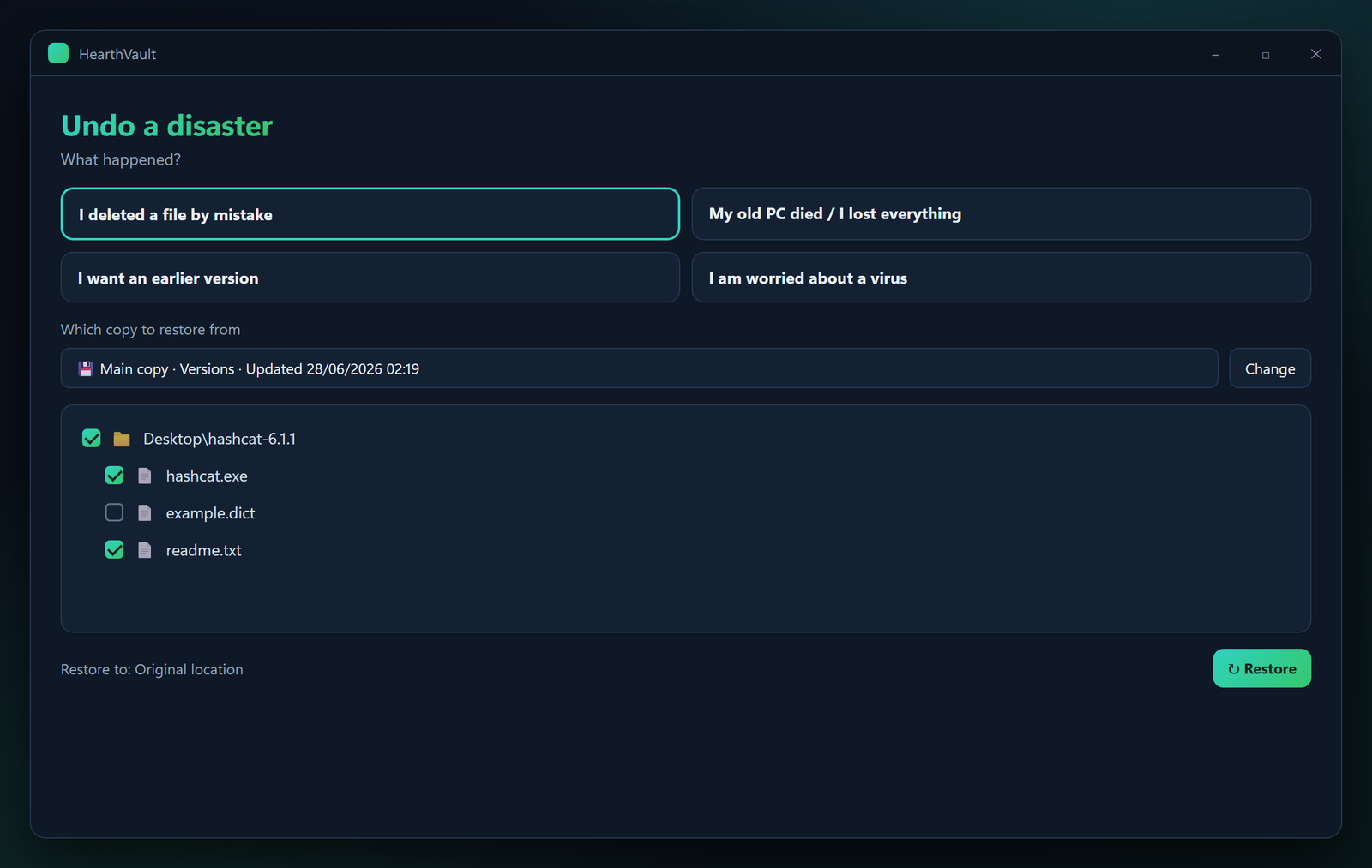 Restore window with scenarios and a point in time