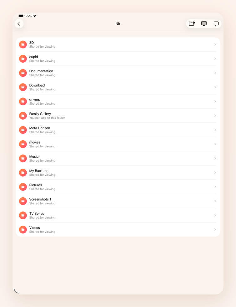 HearthWire on the iPad, showing the shared libraries of the computers at home laid out across the full width of the screen