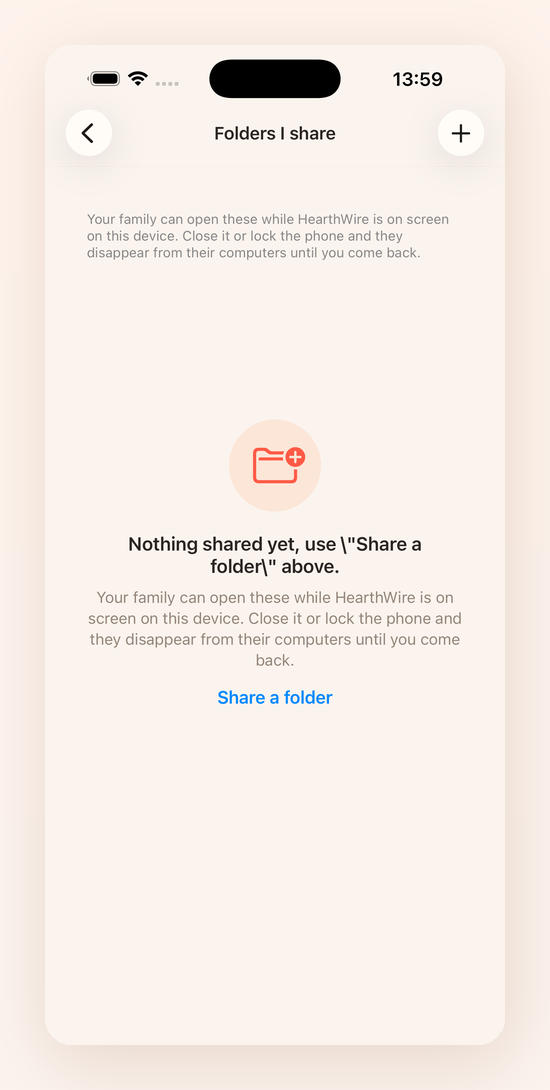 The sharing screen on the iPhone, explaining that the phone shares its folders while the app is open