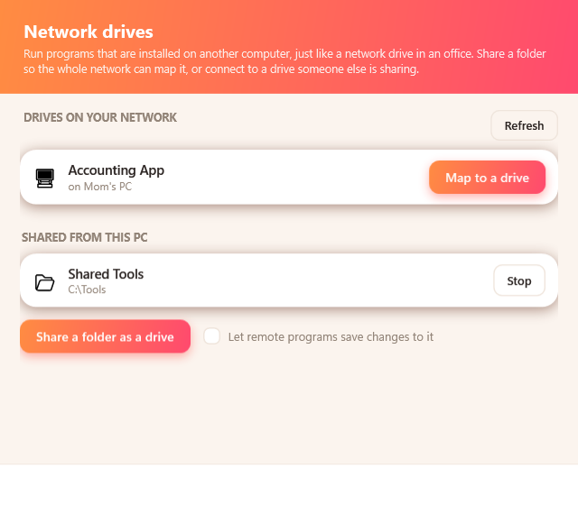 Network drives window for running programs from another PC