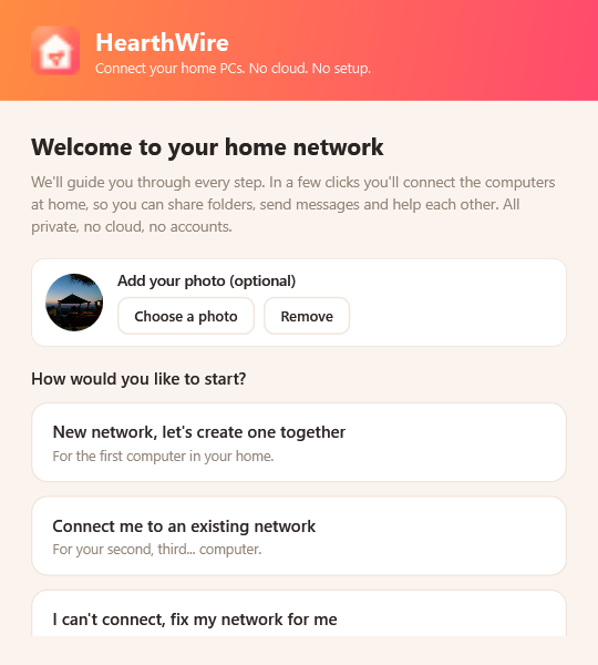 Onboarding screen to create or join a home network