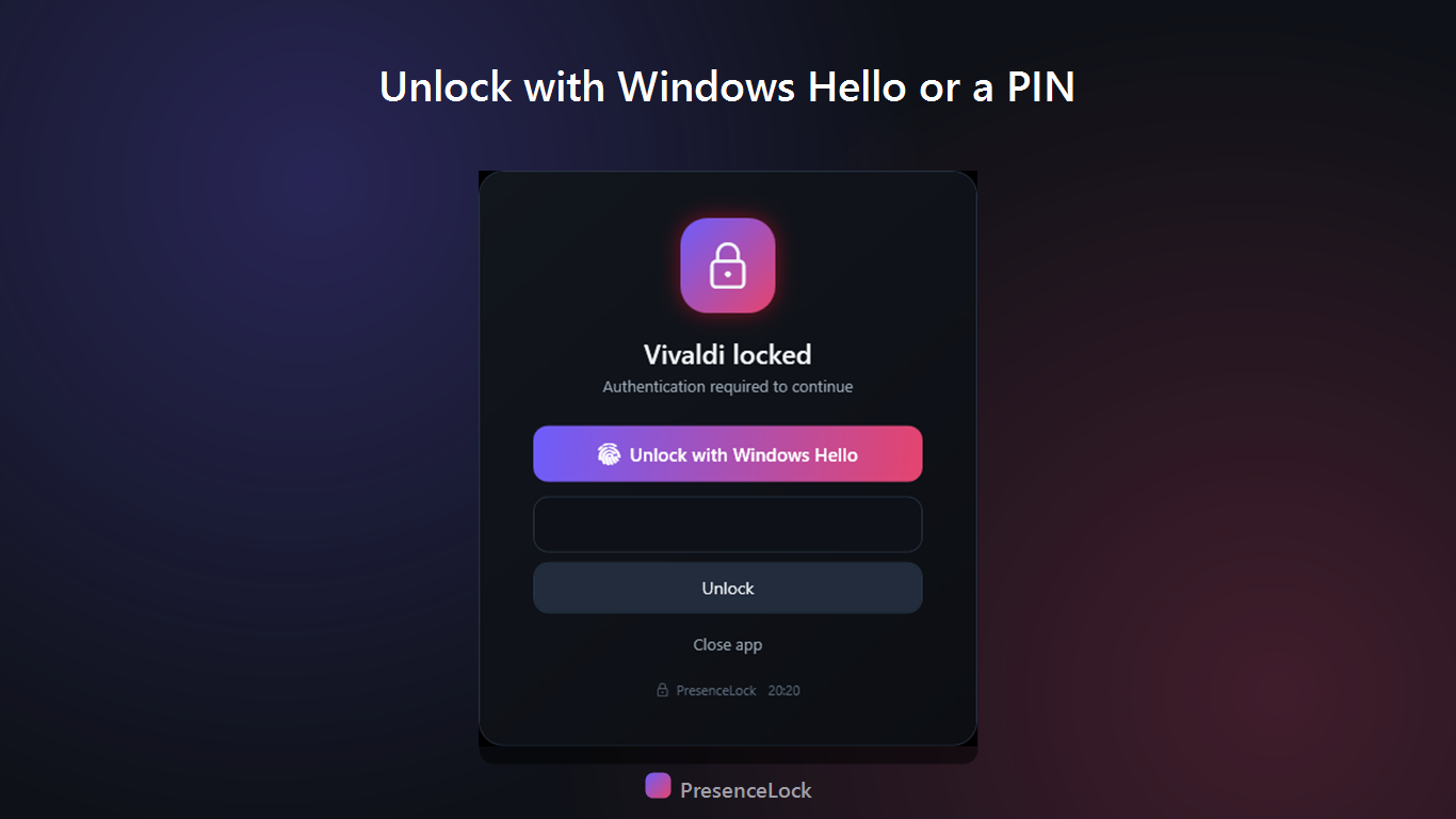 PresenceLock unlock screen for a protected Windows app, offering Windows Hello and a PIN